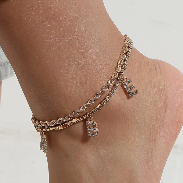 

2pcs Zircon Decor Anklet, Gold