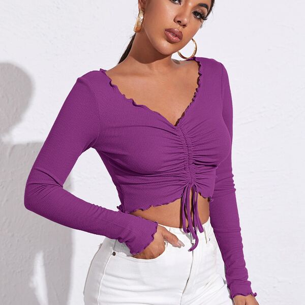 

Lettuce Trim Drawstring Ruched Front Solid Tee, Purple