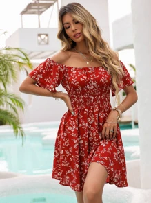 Breezaya Floral Off Shoulder Shirred Waist Dress - Red - View 5