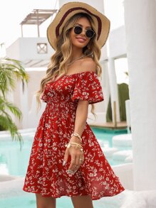 Breezaya Floral Off Shoulder Shirred Waist Dress - Red - View 6