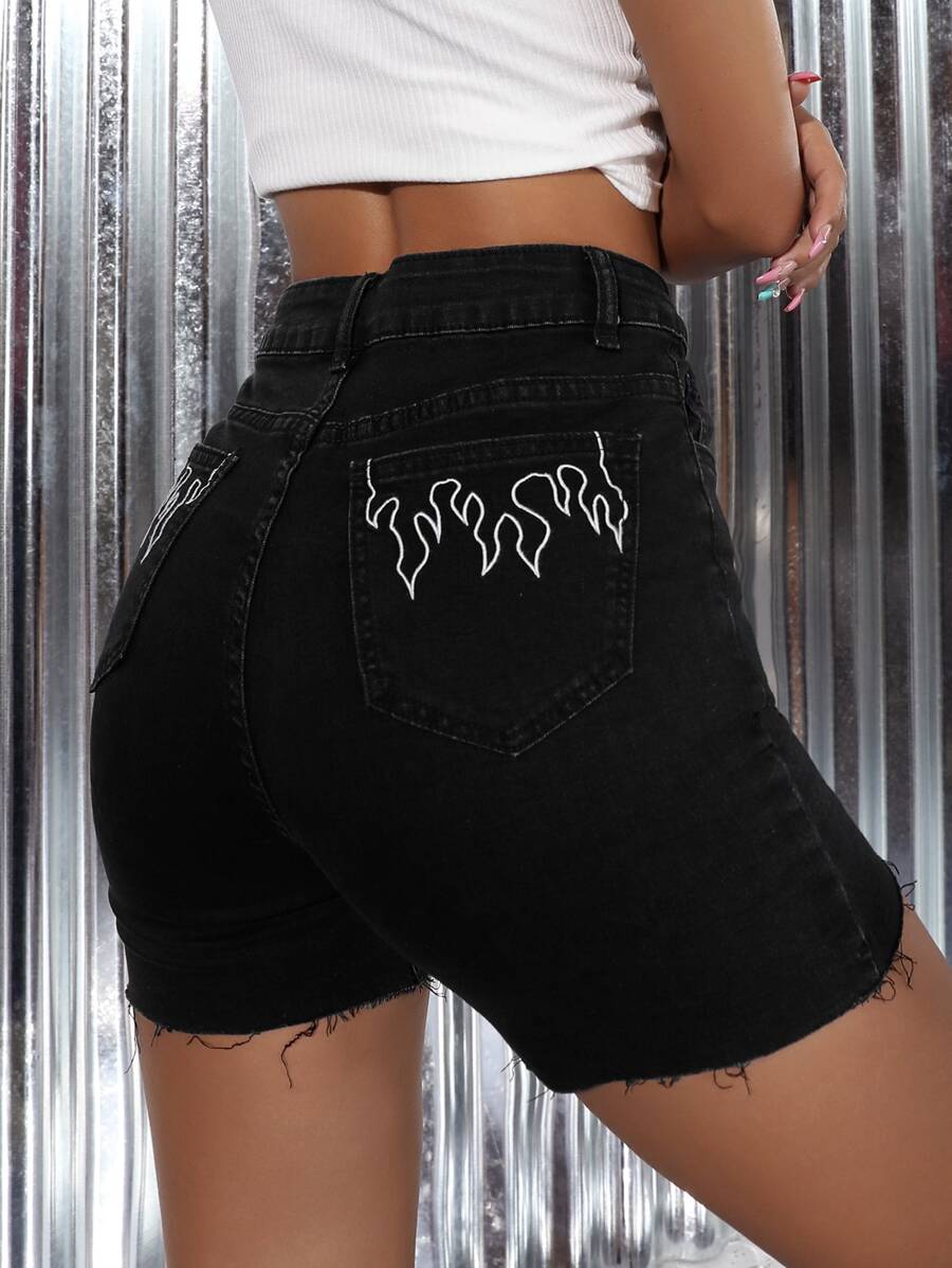 SHEIN ICON Quần short Denim Nút Ngọn lửa - màu đen - Xem 1