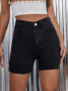 SHEIN ICON Quần short Denim Nút Ngọn lửa - màu đen - Xem 2