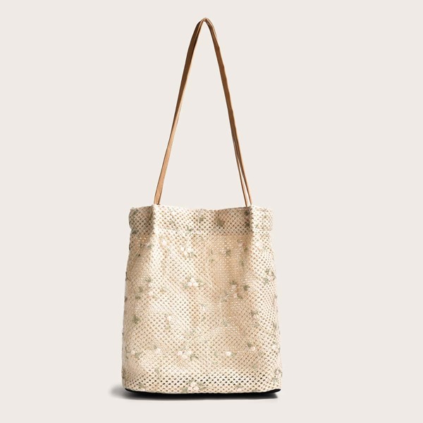 

Floral Woven Tote Bag, Beige