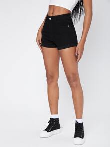 SHEIN Mid-Waist Ripped Detail Cuffed Denim Shorts - Black - View 1