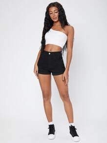 SHEIN Mid-Waist Ripped Detail Cuffed Denim Shorts - Black - View 3