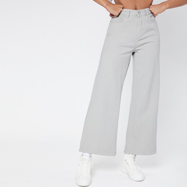 

High-Waisted Straight Jeans, Light grey