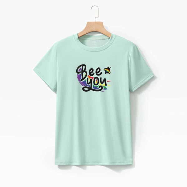 

Bee And Slogan Graphic Tee, Mint green