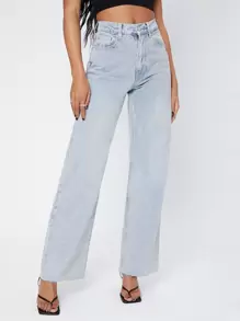 High Waisted Raw Hem Light Wash Jeans - Light Wash - View 1