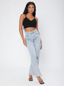 High Waisted Raw Hem Light Wash Jeans - Light Wash - View 4