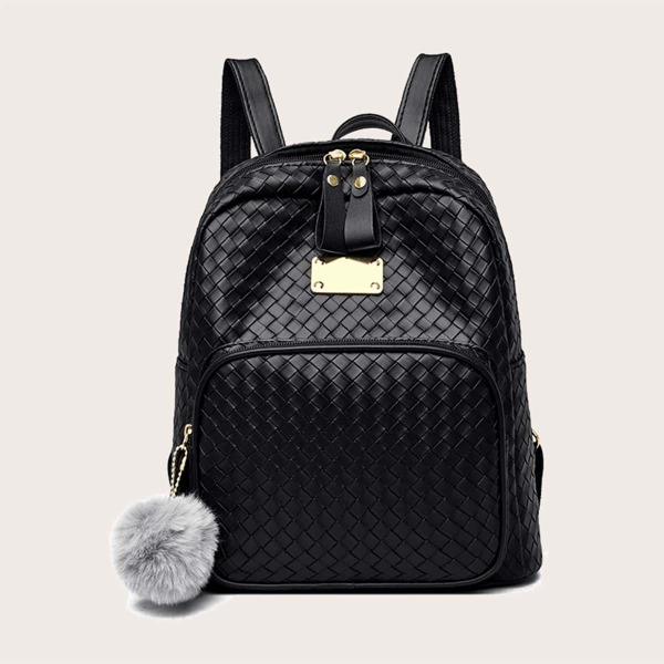 

Pom Pom Decor Classic Backpack, Black