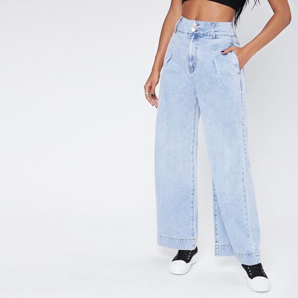 

Stone Wash High-Waist Denim Jeans, Light wash