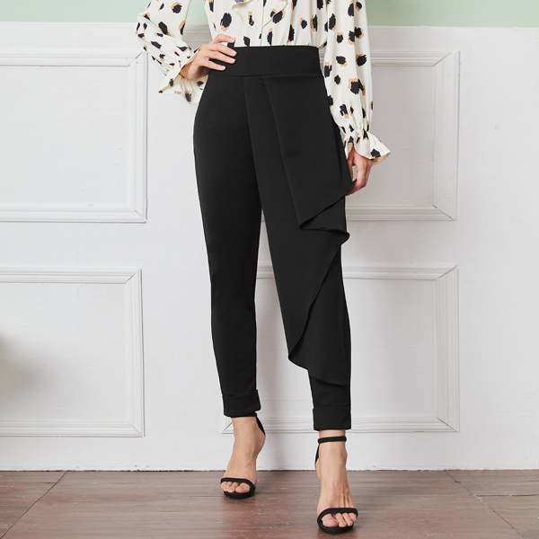 

Wide Waistband Draped Detail Pants, Black