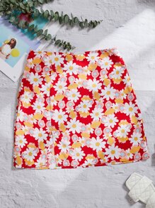 SHEIN Unity 花卉開衩拉鏈半身裙 - 紅色 - 查看 1