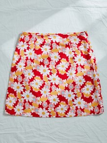 SHEIN Unity 花卉開衩拉鏈半身裙 - 紅色 - 查看 2