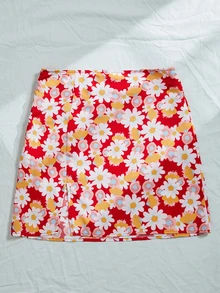 SHEIN Unity 花卉開衩拉鏈半身裙 - 紅色 - 查看 5