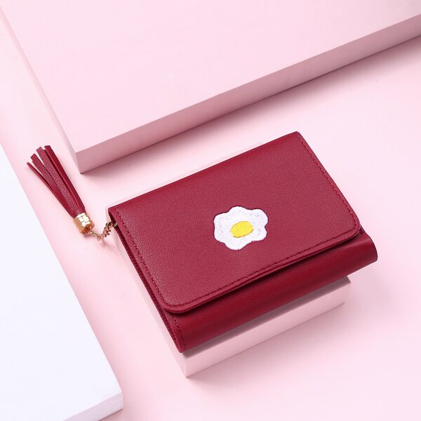 

Tassel Charm Embroidered Small Wallet, Red
