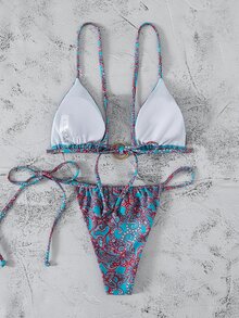 Paisley Print Triangle Thong Bikini - Multicolor - View 2
