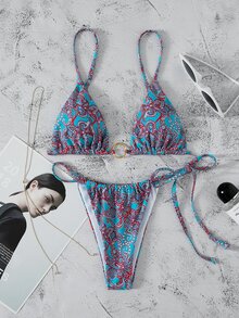 Paisley Print Triangle Thong Bikini - Multicolor - View 3