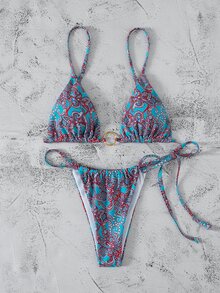Paisley Print Triangle Thong Bikini - Multicolor - View 4