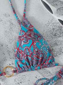 Paisley Print Triangle Thong Bikini - Multicolor - View 5