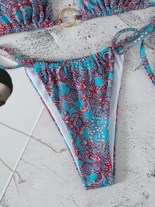 Paisley Print Triangle Thong Bikini - Multicolor - View 6