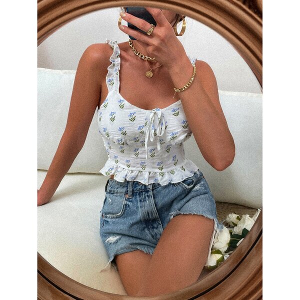 

Floral Print Shirred Tie Front Ruffle Hem Top, White