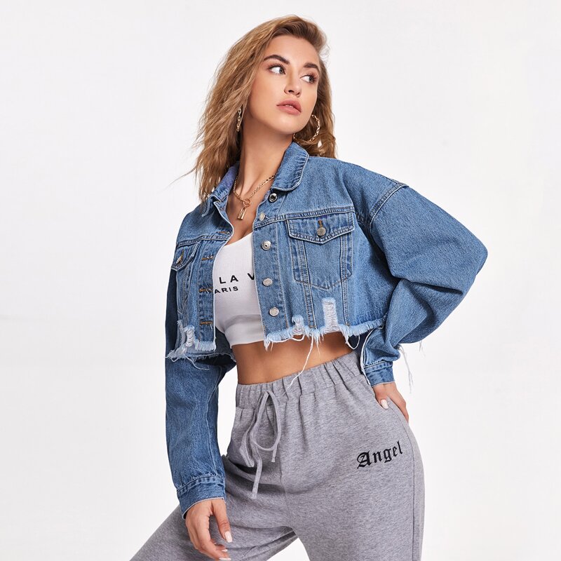 

Raw Hem Crop Denim Jacket, Medium wash