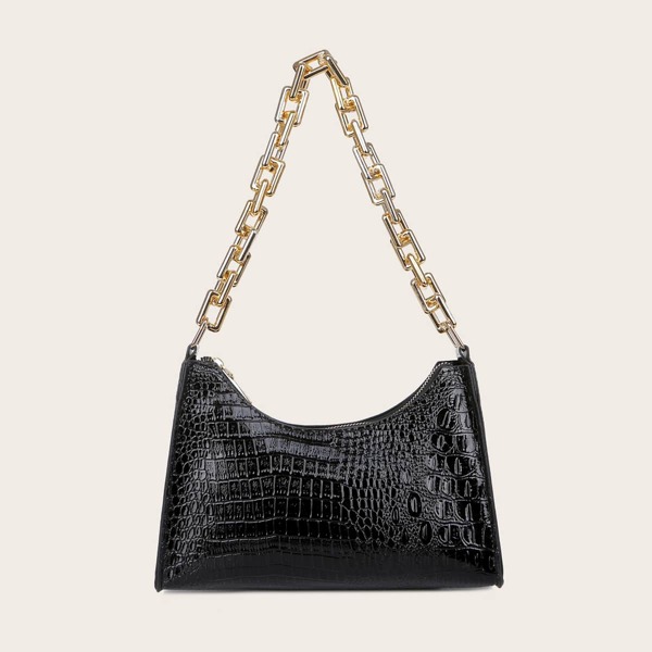 

Minimalist Croc Embossed Chain Shoulder Bag, Black