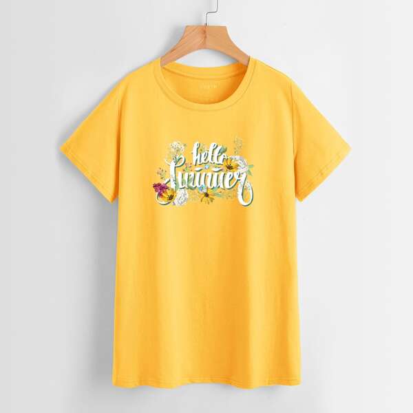 

Floral And Letter Graphic Tee, Yellow