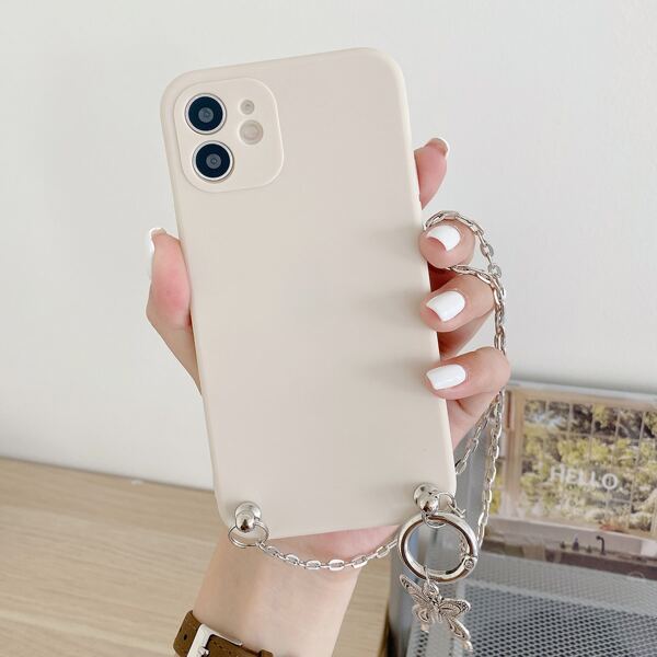 

Butterfly Decor Chain Hand Strap Phone Case, Beige