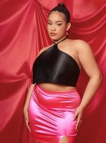 SHEIN LUNE Plus Satin Backless Halter Top - Black - View 1