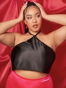 SHEIN LUNE Plus Satin Backless Halter Top - Black - View 5