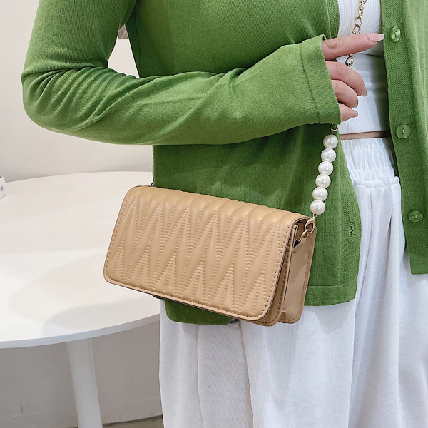 

Faux Pearl Decor Quilted Crossbody Bag, Khaki