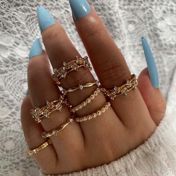 

8pcs Rhinestone Decor Ring, Gold