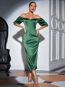 SHEIN Solid Split Back Satin Bardot Dress - Green - View 1