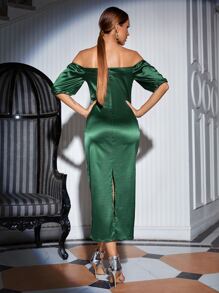 SHEIN Solid Split Back Satin Bardot Dress - Green - View 2