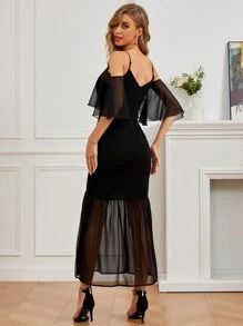 Modelyn Vestido de hombros descubiertos de malla en contraste bajo sirena - Negro - Ver 2