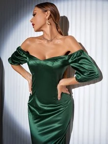 SHEIN Solid Split Back Satin Bardot Dress - Green - View 3