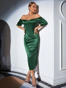 SHEIN Solid Split Back Satin Bardot Dress - Green - View 4