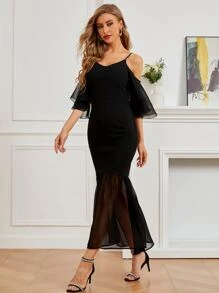 Modelyn Vestido de hombros descubiertos de malla en contraste bajo sirena - Negro - Ver 4