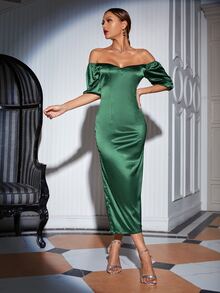 SHEIN Solid Split Back Satin Bardot Dress - Green - View 5