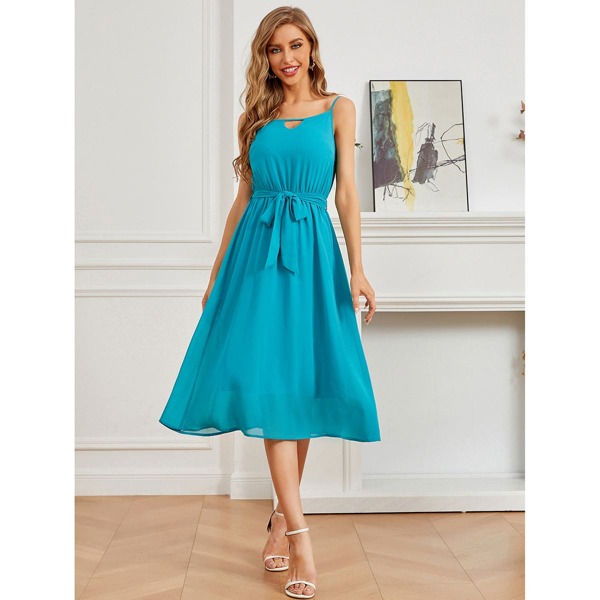 

Solid Belted Cami Dress, Mint blue