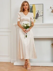 SHEIN Belle Jacquard V-Neck Satin A-Line Bridesmaid Dress