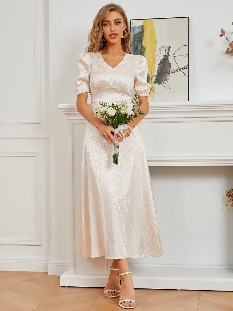 SHEIN Belle Jacquard V-Neck Satin A-Line Bridesmaid Dress