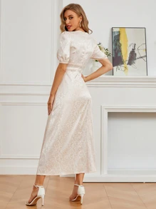 SHEIN Belle Jacquard V-Neck Satin A-Line Bridesmaid Dress