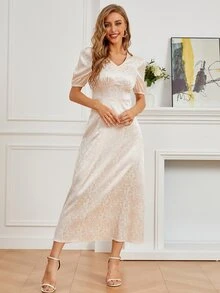 SHEIN Belle Jacquard V-Neck Satin A-Line Bridesmaid Dress