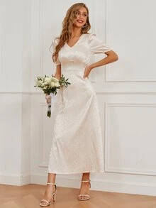 SHEIN Belle Jacquard V-Neck Satin A-Line Bridesmaid Dress