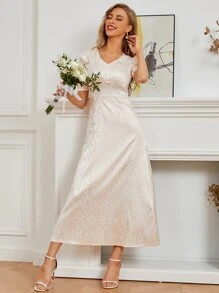 SHEIN Belle Jacquard V-Neck Satin A-Line Bridesmaid Dress