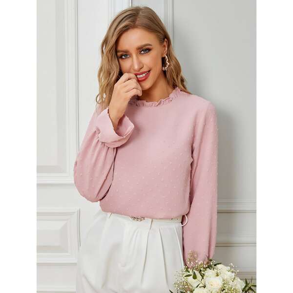 

Solid Frill Neck Flounce Sleeve Blouse, Baby pink
