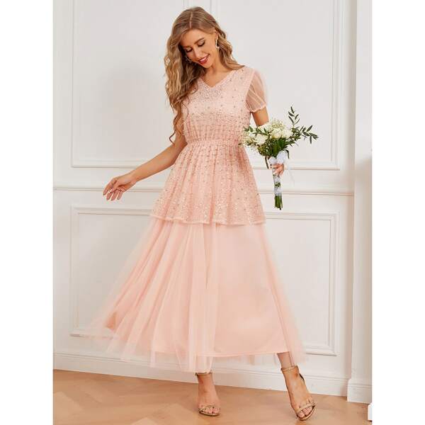 

Mesh Beaded Peplum Prom Dress, Baby pink